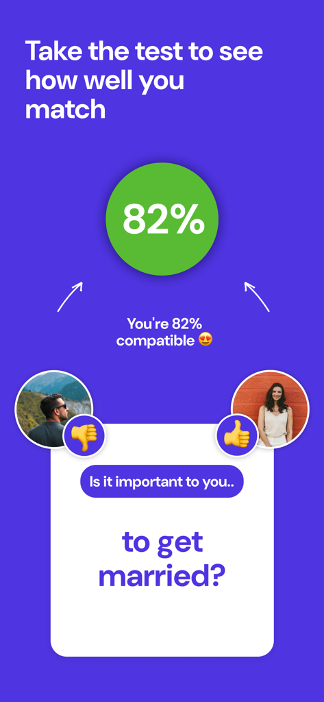 recoupling: relationship, love - Tela de teste de compatibilidade de relacionamento do aplicativo recoupling mostrando uma pontuação de 82% de compatibilidade e uma pergunta sobre a importância do casamento.