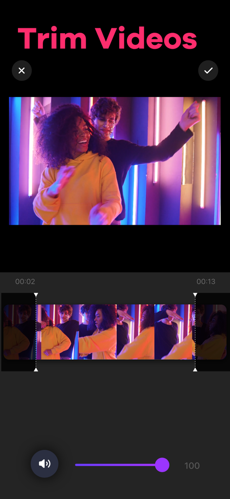 Video Editor: Make Music Video - A mobile app interface displaying a video trimming tool with a preview of people dancing in neon light.