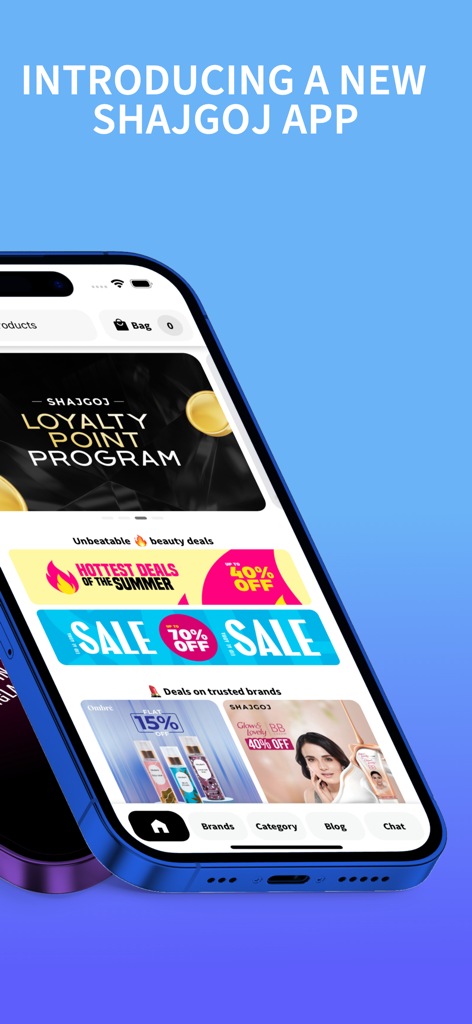 Shajgoj - Página inicial do aplicativo de compras de beleza Shajgoj mostrando programa de fidelidade e banners de promoção de verão em um smartphone