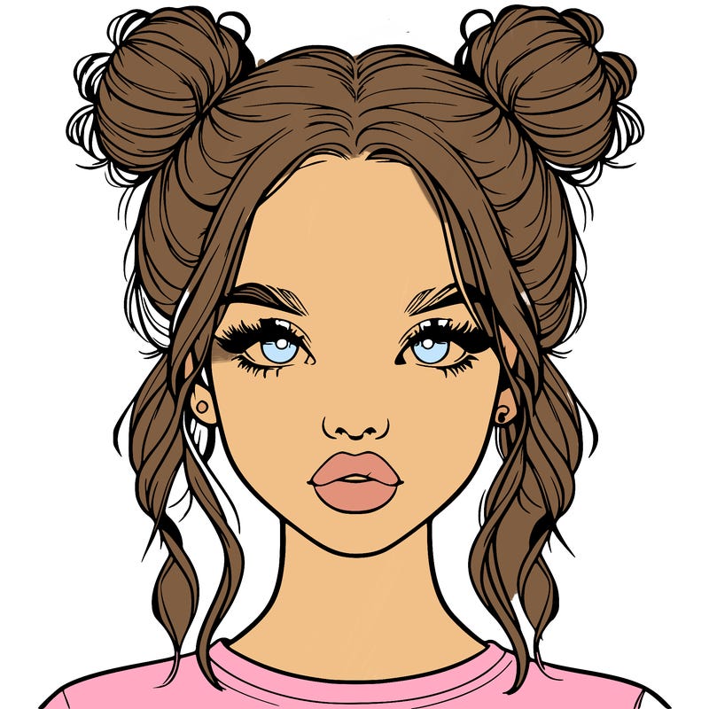 realistic girl with two buns in hair and lips