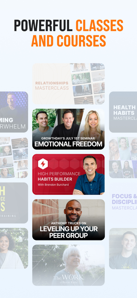 Interface showing various mindset and high performance coaching courses in the GrowthDay app