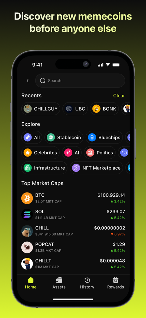 DexToro mobile app home screen displaying trending memecoins and top market cap cryptocurrency prices