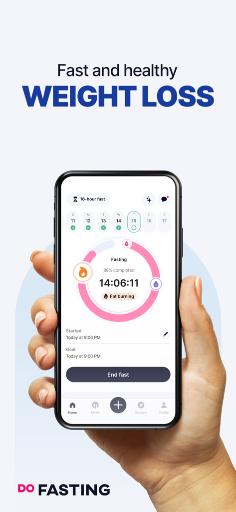 DoFasting Intermittent Fasting - Smartphone screen displaying the DoFasting app with an active intermittent fasting timer and progress ring