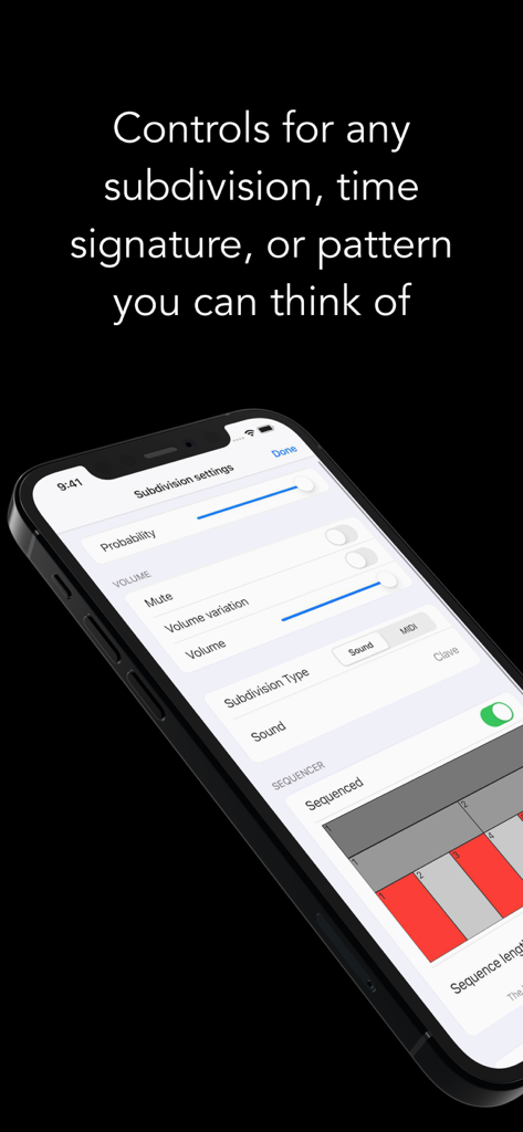 Metronomics Metronome - The Metronomics app subdivision settings screen displaying rhythmic control options like volume and probability