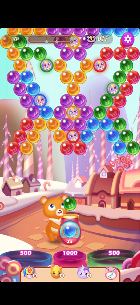 Bear Pop - Bubble Shooter Game - A cute brown bear aiming a bubble at colorful bubbles to rescue fairies in a snowy kingdom level.