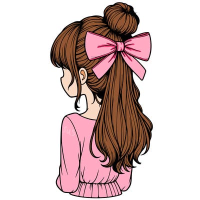 realistic girl  with hip length hair a bun and a big bow on the back of head
