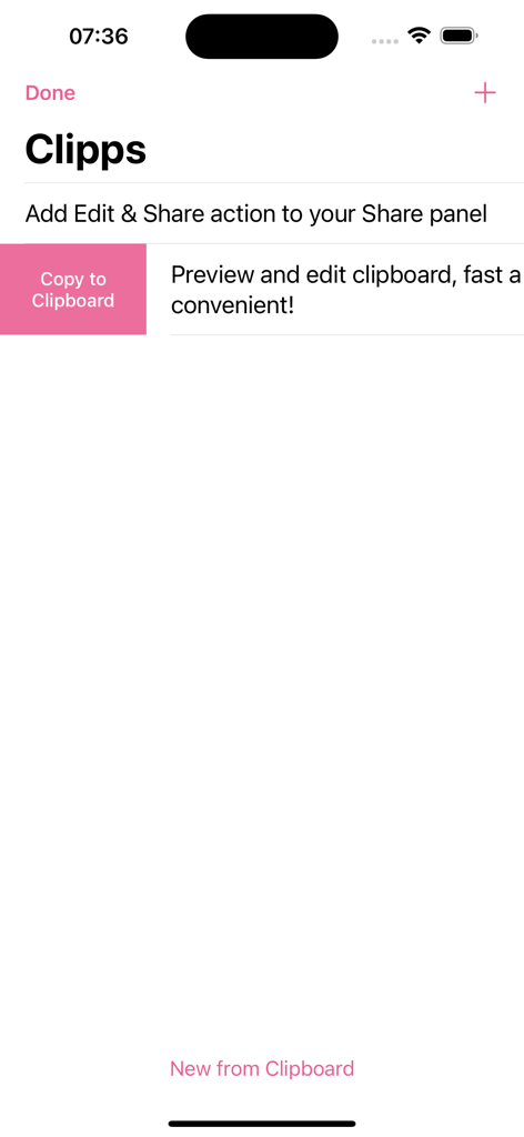 Clippy - copy, edit & share - The main interface of the Clippy app showing clipboard snippet management and a pink copy to clipboard button