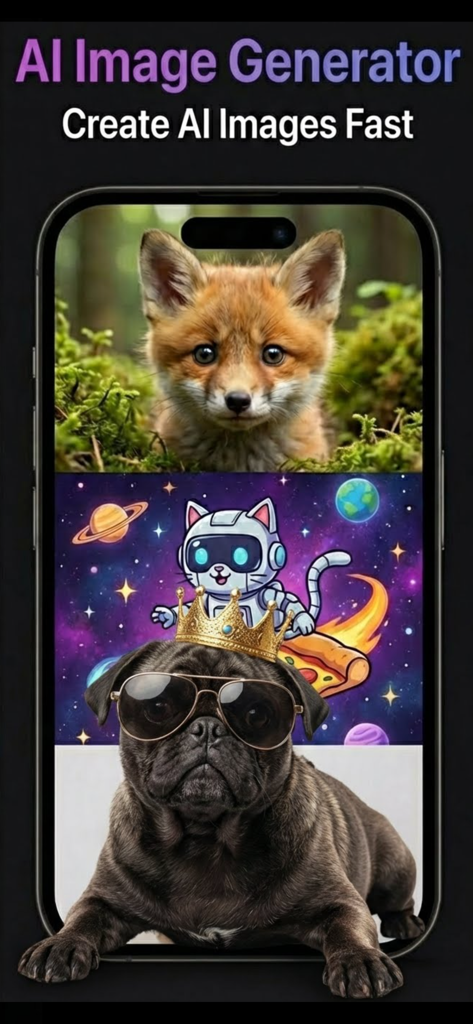 AI Video Generator Video AI - Smartphone-Display, das KI-generierte Bilder eines realistischen Fuchses, einer Katze im Weltraum und eines Mopses mit Krone zeigt