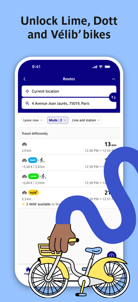 リアルタイムの空き状況とルート計画で、Lime、Dott、Velibバイクのロック解除オプションを表示するBonjour RATPアプリのスクリーンショット。