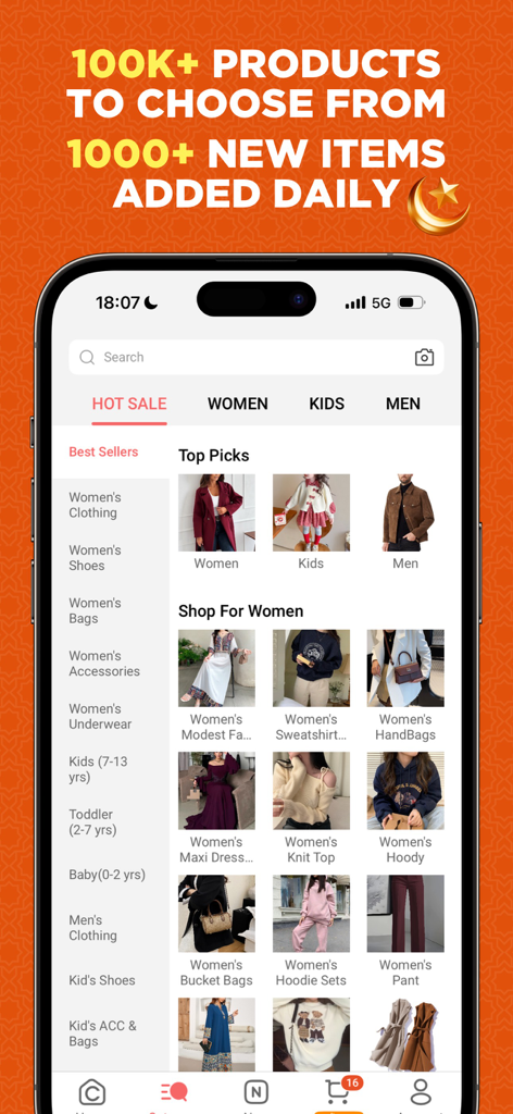 Chicpoint - Fashion shopping - Interfaz de la aplicación móvil ChicPoint que muestra una amplia variedad de categorías de ropa, incluidos estilos de moda para mujeres, niños y moda modesta.