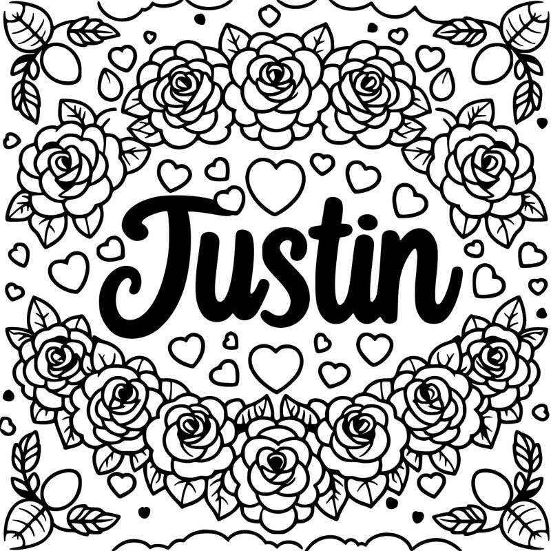 the name justin surrounded by roses and hearts