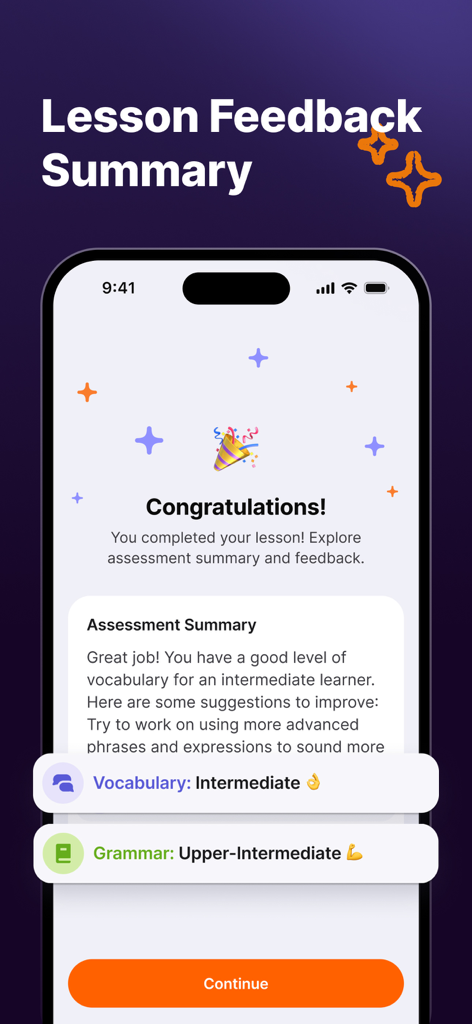 JustSpeak – AI English Tutor - JustSpeak app screen showing a lesson feedback summary with vocabulary and grammar assessment.