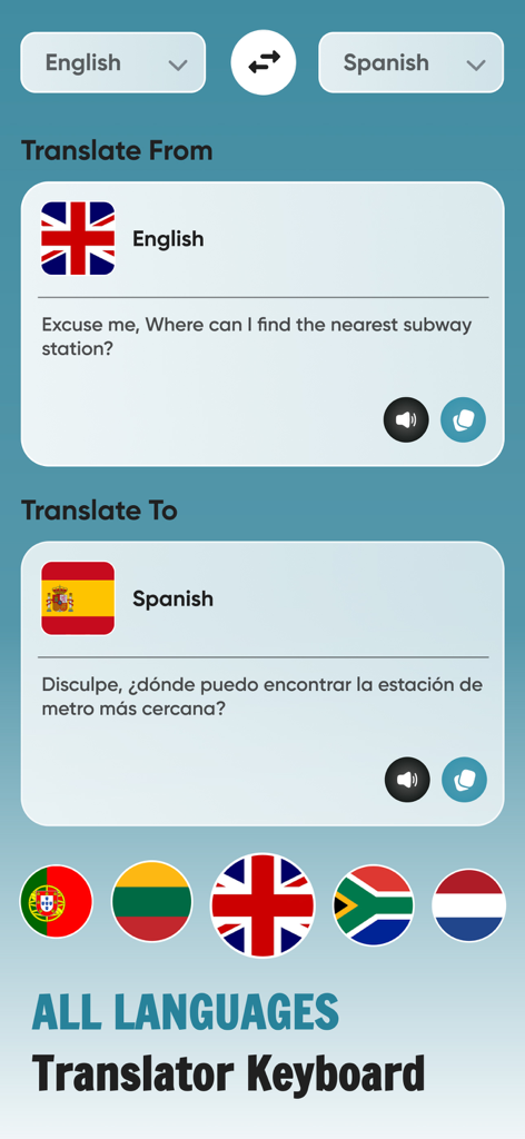 Translate AI Keyboard Language - Interfaz de la aplicación Translate AI Keyboard mostrando traducción de texto de inglés a español