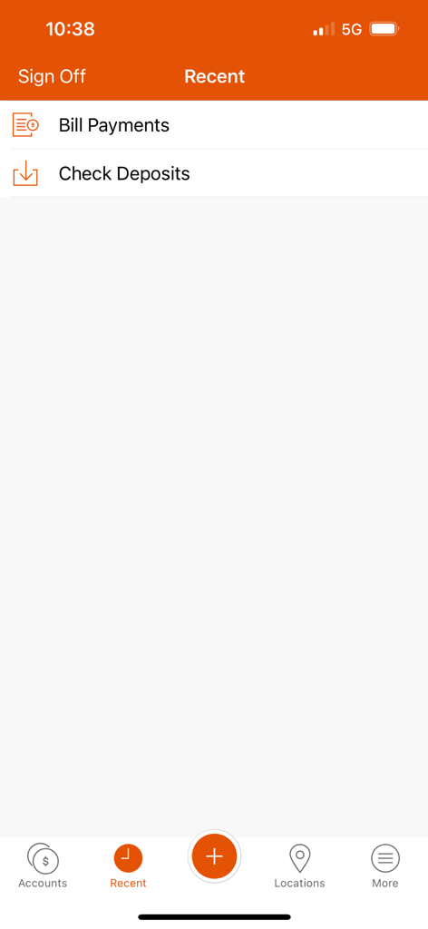 Recent activity screen of the Amerant Mobile Banking app showing options for bill payments and check deposits