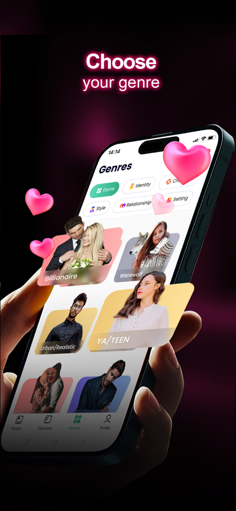 Booktok - Booktok Official App - Una pantalla de smartphone que muestra la página de selección de géneros de la aplicación Booktok con categorías como Multimillonario, Hombre Lobo y YA Teen.