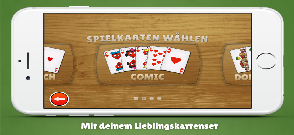 iPhone-Bildschirm, der das Auswahlmenü für Spielkarten im Comic-Stil in der Schnapsen-App zeigt