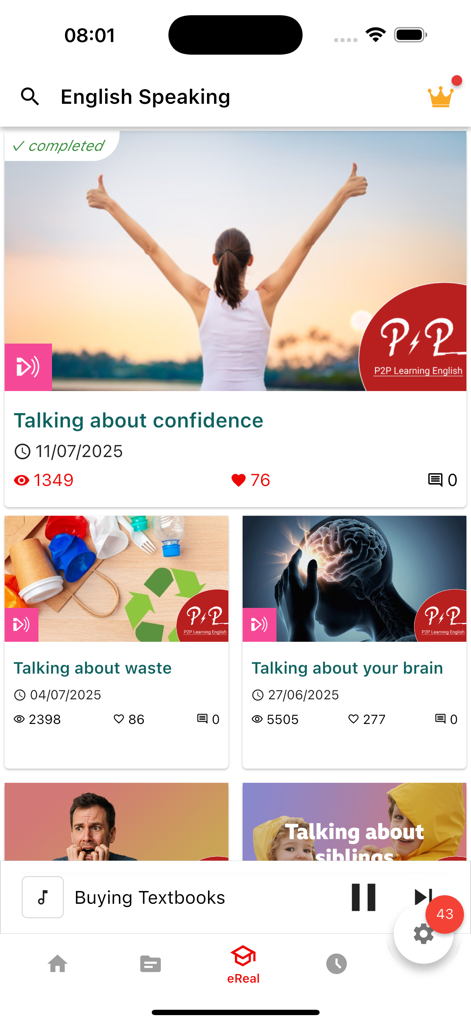 English Speaking: SpeakFluent - SpeakFluentアプリのインターフェース。英語会話練習レッスンのリストと、下部にあるメディアプレーヤーバーが表示されています。