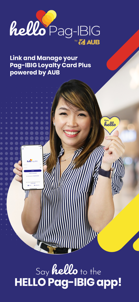 Uma mulher segurando um smartphone exibindo a tela de login do HelloPag-IBIG by AUB