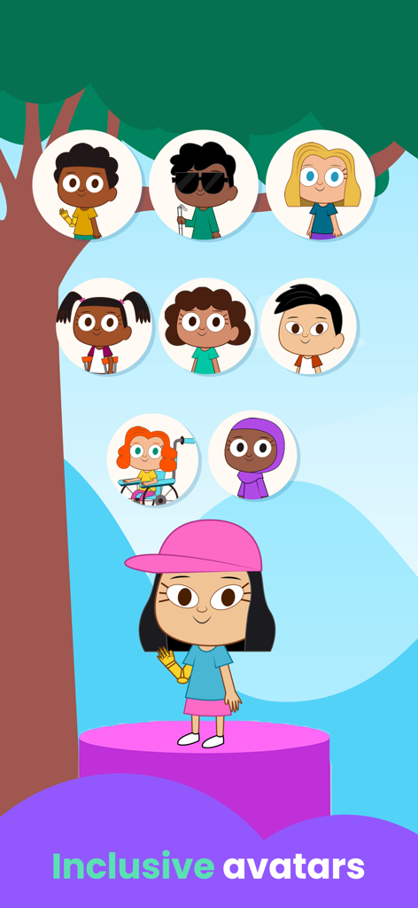 Adventure Games: for Kids - A selection of inclusive and diverse character avatars for children featuring different skin tones and physical abilities