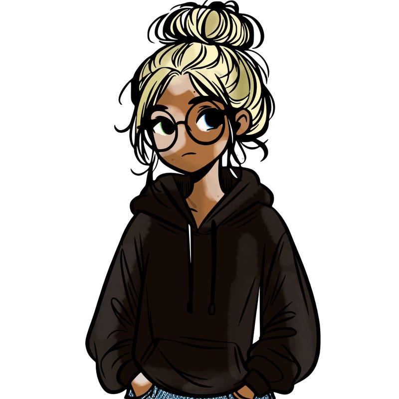 teen girl with a messy bun and glasses wearing a loose hoodie and jeans
