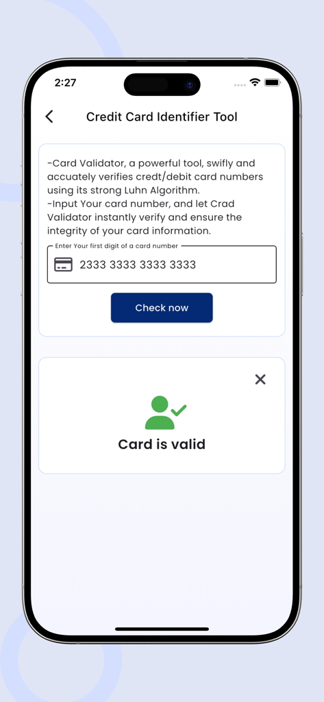 A mobile app screen for validating credit card numbers showing a successful validation result