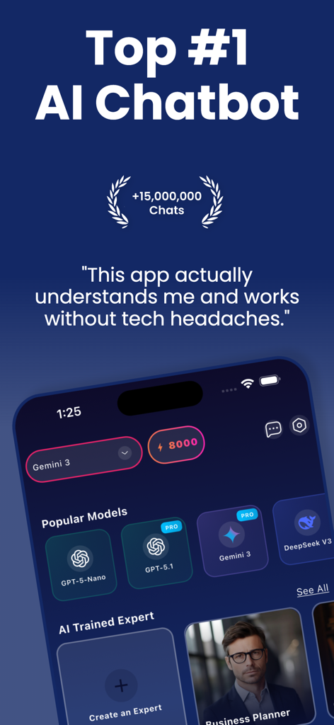 Omni AI - ChatBot Assistant - Interfaz de la app Omni AI mostrando modelos de IA integrados como GPT-5 y Gemini 3 con personalidades expertas
