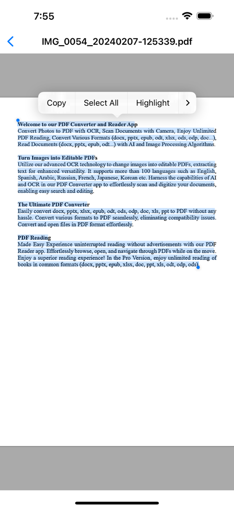 PDF Converter , PDF Reader - Interfaz de la aplicación lector de PDF mostrando selección de texto con opciones para copiar y resaltar.