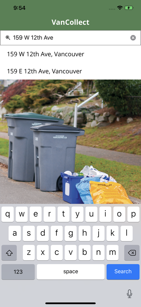 VanCollect app screen for entering a street address to find local waste collection schedules.