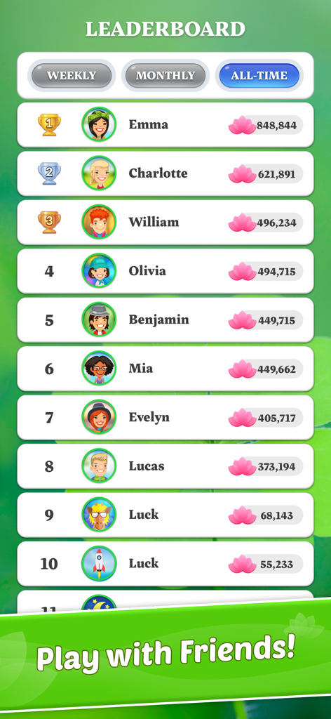 Word Town game leaderboard screen showing all-time player rankings and scores