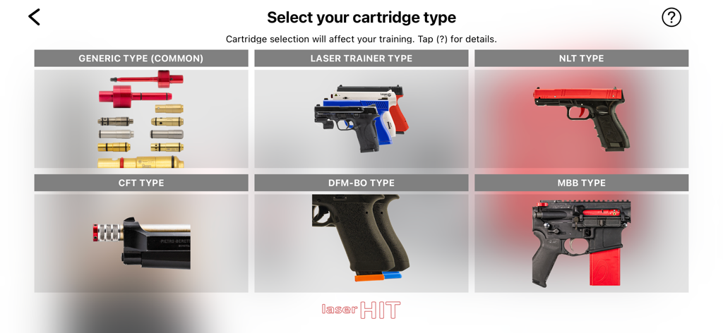 LaserHIT - Menu de sélection pour diverses cartouches d'entraînement laser dans l'application LaserHIT.