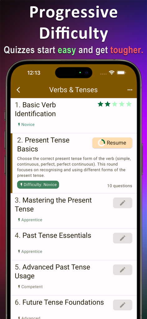 English Grammar Expert AI - English Grammar Expert AI app interface showing progressive quiz difficulty from novice to advanced levels.