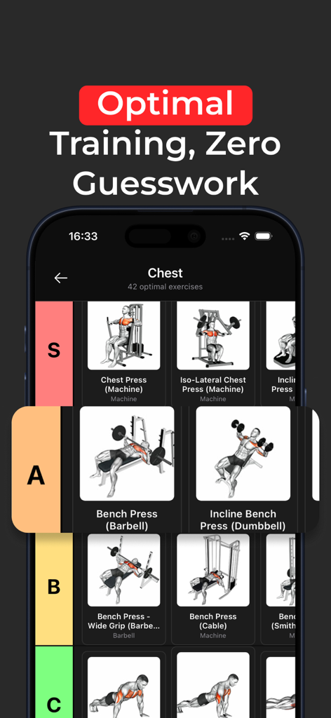 Self Coach Gym Workout Planner - A tier list of chest exercises ranked from S to C for optimal muscle growth in the Self Coach gym planner app.