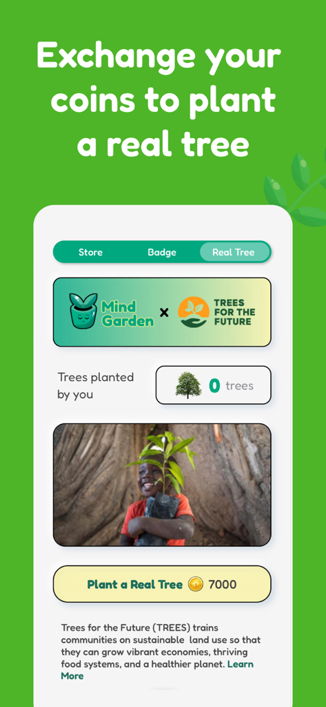 MindGarden: Mindful Meditation - Interface of MindGarden app showing a feature to plant real trees using earned coins.