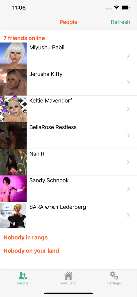 Second Lifeの7人のオンラインフレンドのリスト、アバター画像と名前を表示するSL Notifierアプリのモバイル画面。