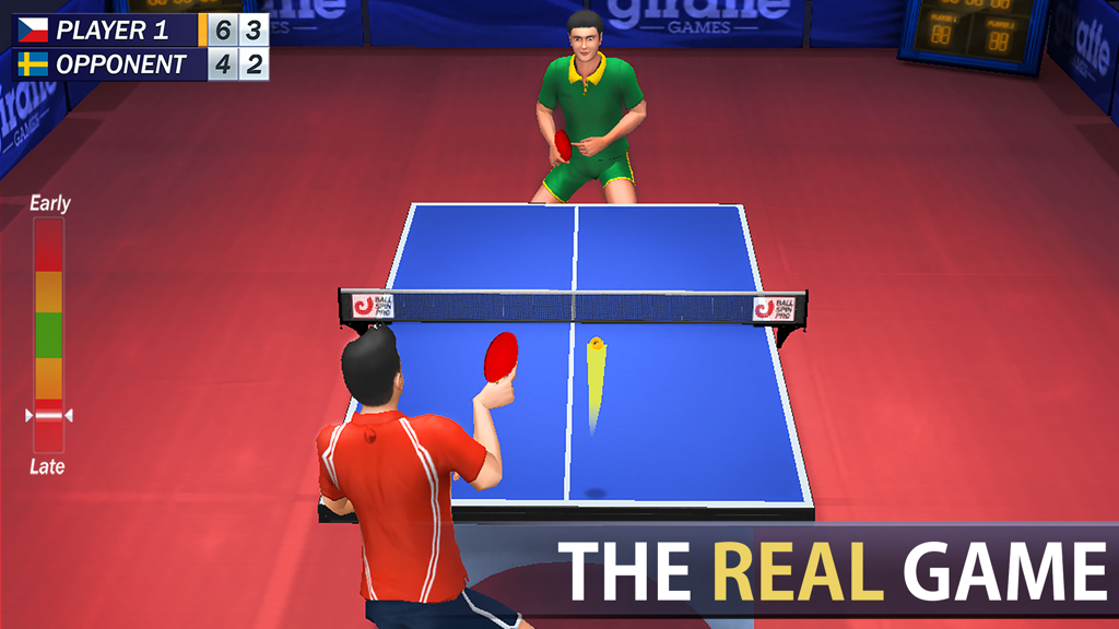 Table Tennis Champion - A realistic 3D table tennis match between two players on a blue table with a timing meter.