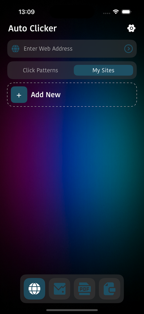 Auto Clicker - Auto Click Pro - Oberfläche der Auto Clicker Pro App mit Eingabe von Webadressen und Verwaltungsbereich für meine Websites