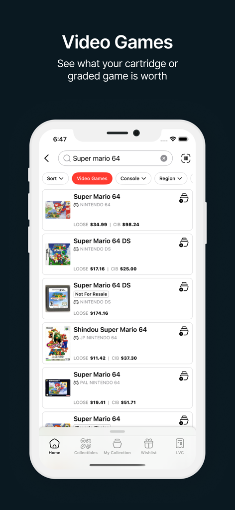PriceCharting app displaying market values for different versions of Super Mario 64 including Nintendo 64 and DS releases
