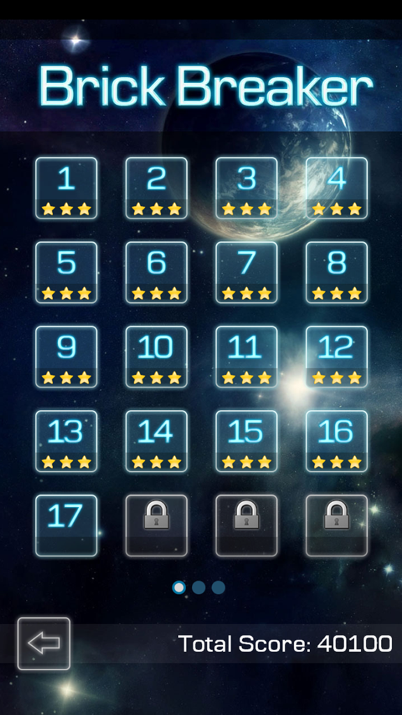 Brick Breaker Classic 2016 - Ultimate Revolution - Brick Breaker level select menu showing unlocked levels with three stars and a space-themed background.