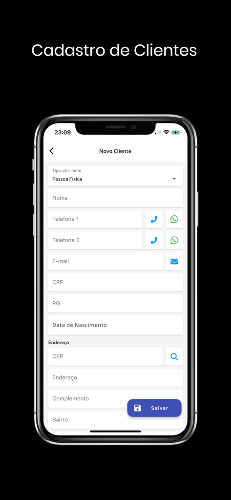 Pantalla de la aplicación móvil para ingresar los datos de un nuevo cliente como nombre, teléfono y dirección