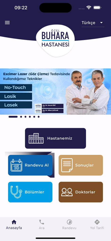 Buhara Hastanesi medical app home screen showing navigation buttons for appointments, medical results, and doctors.