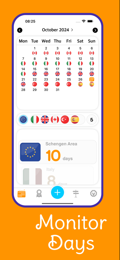 Nomad app travel calendar interface showing days spent in different countries and Schengen stay limits.