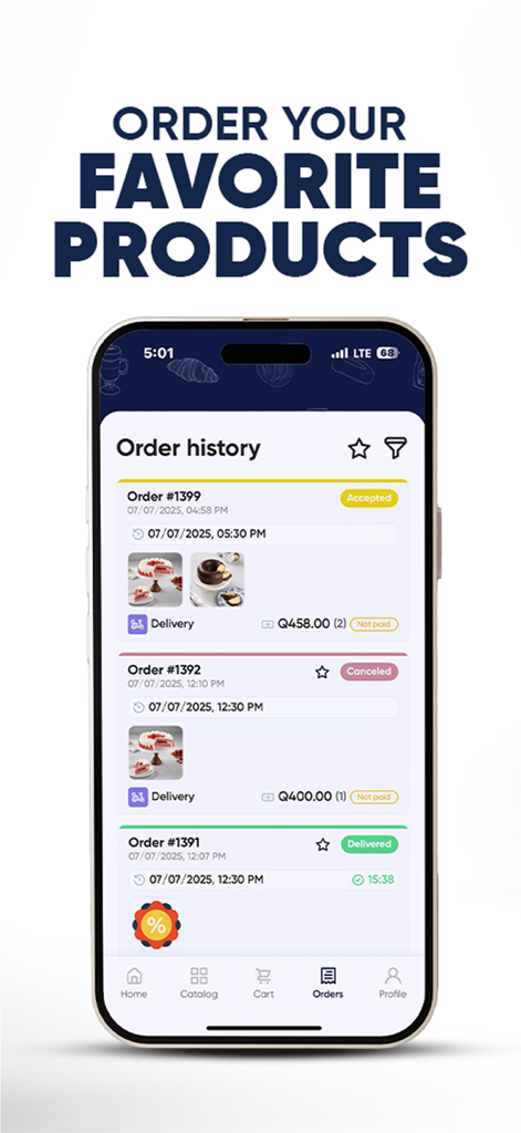Pantalla de la app San Martín mostrando el historial de pedidos y seguimiento