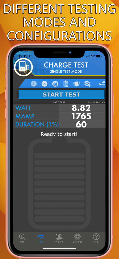 Captura de pantalla de la aplicación Amperes 4 mostrando una prueba de carga de batería con resultados de vatios y miliamperios.