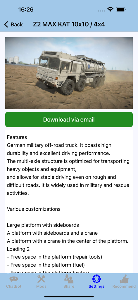 SnowR - DLC Cheat Mods Map(SR) - Captura de pantalla de la página de detalles de un mod de camión para SnowRunner con un vehículo militar.