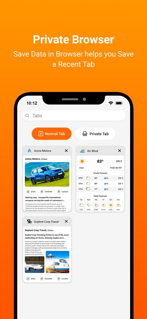 Interfaz de la aplicación NextBrowser mostrando la pantalla de gestión de pestañas con botones para cambiar entre pestañas normales y privadas y una cuadrícula de miniaturas de sitios web abiertos