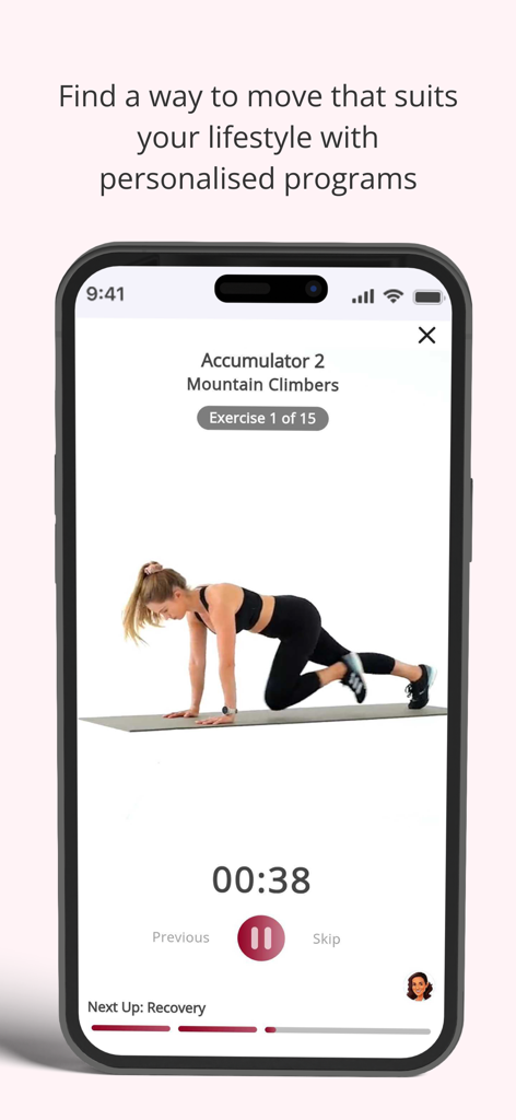 JEFF Fitness - A woman performing a mountain climber exercise on the JEFF Fitness app workout screen.