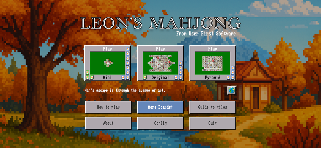 Leon's Mahjong main menu showing game board options and a pixel art autumn landscape background