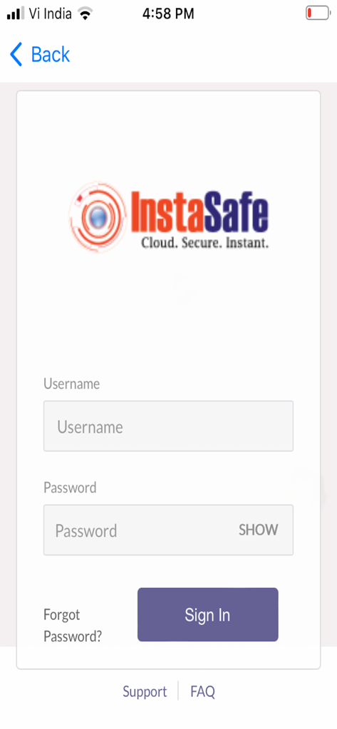 InstaSafe Secure Access - InstaSafe Secure Access login interface for enterprise users featuring username and password fields.