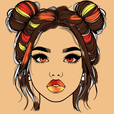 realistic girl with two buns on her hair and lips