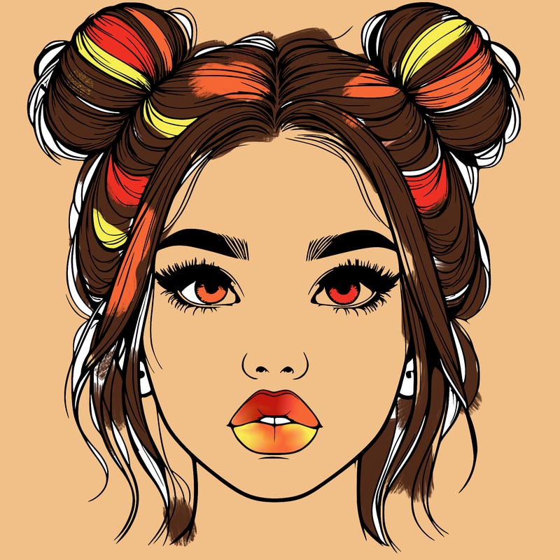 realistic girl with two buns on her hair and lips